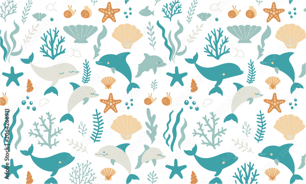 Obraz premium Whales Dolphins And Starfish Seamless Design.