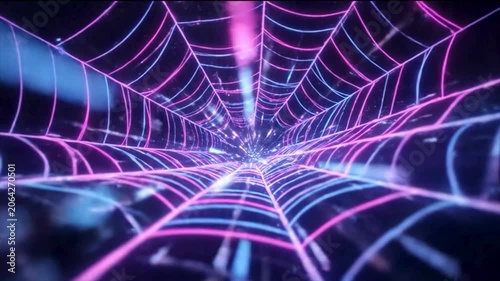 Abstract Cyber Halloween Concept with Glowing Neon Magenta Spiderweb Grid