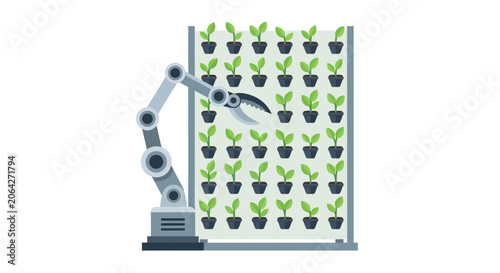 Robotic Arm in Vertical Farm Illustration for Smart Agriculture and AgTech Automation Concept