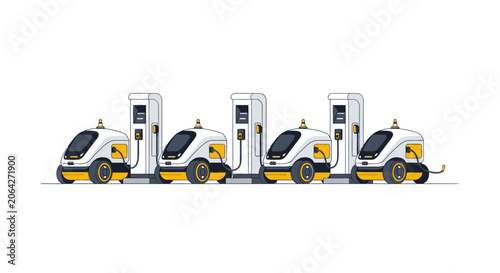Autonomous Delivery Robots Charging at Electric Vehicle EV Stations Vector Illustration. Futuristic Last-Mile Logistics and Automation Technology Concept.