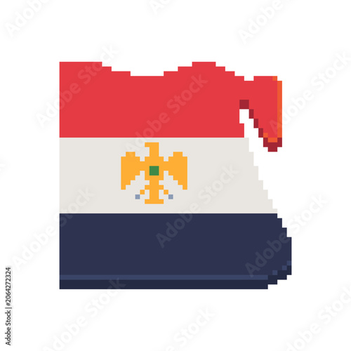 Pixel art map of Egypt featuring the national flag and coat of arms. Retro 8-bit style geographic illustration for game assets, educational projects, maps, infographics and UI design.