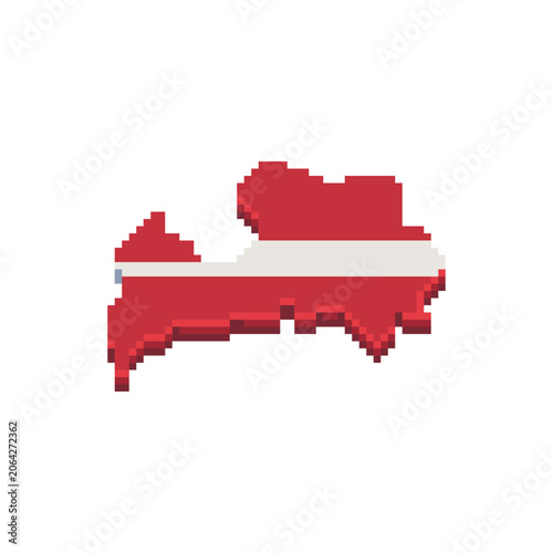 Pixel art map of Latvia featuring the national flag colors. Retro 8-bit style geographic illustration for game assets, educational projects, maps, infographics and UI design.