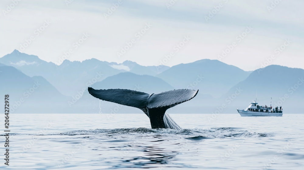 Naklejka premium Whale tail lifting above calm water with distant mountains, a sightseeing boat observing marine life