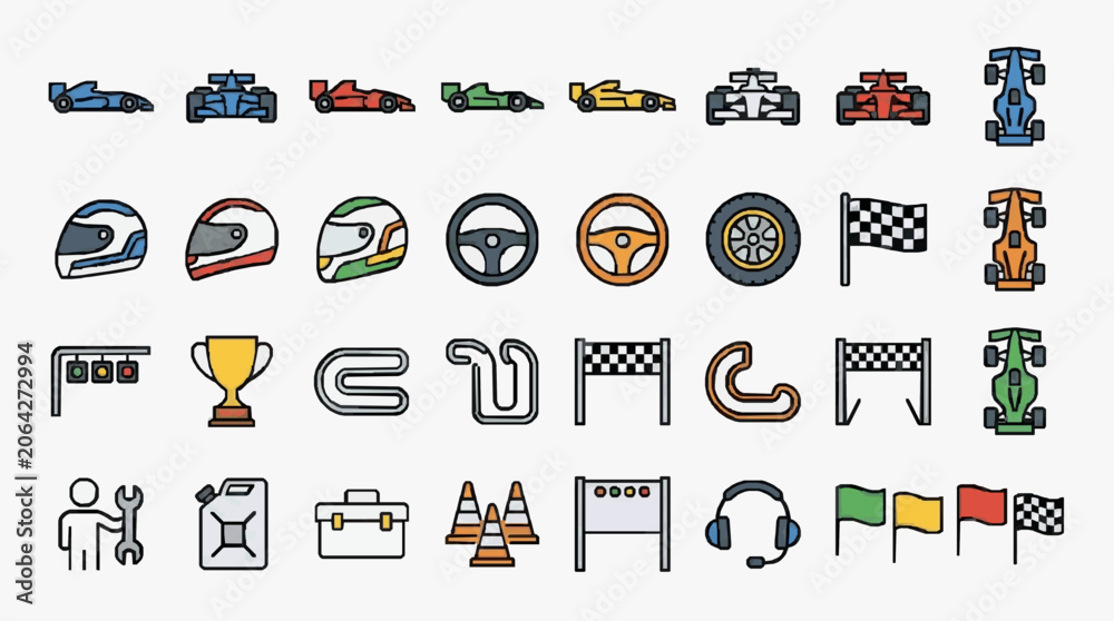 Naklejka premium Clean Illustrated Icons Collection for Motorsport and Racing Themes with high professional line art symbols for modern creative design and digital branding projects