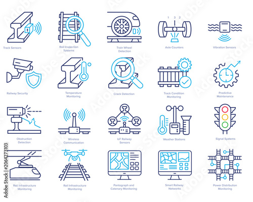 Railway Track Sensor System Icons, Railway Infrastructure and Transportation Technology Line Icons Set