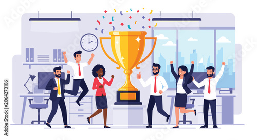 Business people celebrating with trophy award.