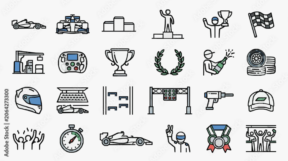Naklejka premium Creative Racing and Motorsport Iconography Collection Featuring Competitive Elements Equipment and Celebratory Symbols