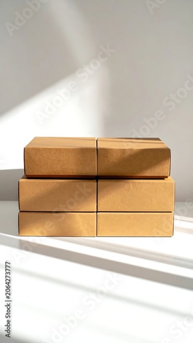 Minimal Brown Wrapped Boxes Stacked on White Surface in Sunlit Room