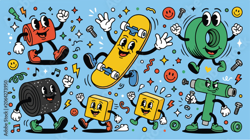 Colorful cartoon computer icons skateboarding.