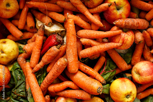 Obraz na plátne Pile of fresh carrots apples and vegetables abundant healthy harvest