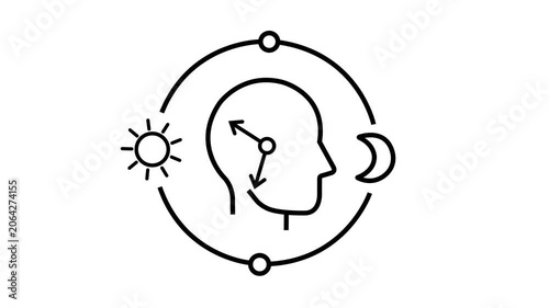 Circadian health line animation on white background. Sleep wake cycle regulation. Circadian health human head integrates clock and day night cycle. Suitable for health and wellness concepts.