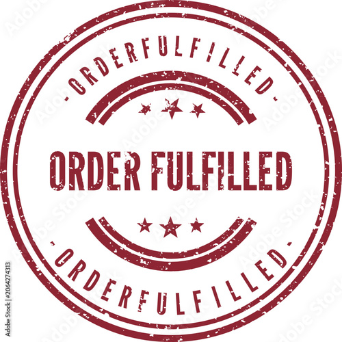 Foto Distressed red circular stamp marking an order as fulfilled for business shippin