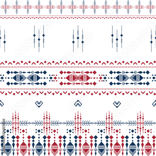 Traditional ethnic geometric pattern border, tribal textile ornament, folk embroidery seamless design in red and navy blue on white background