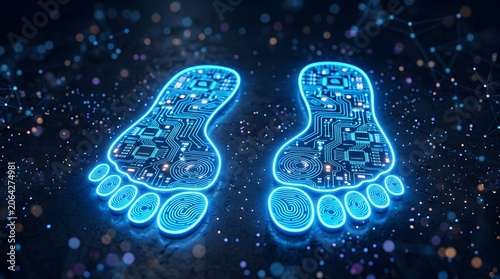 Glowing blue digital footprint with circuit board details on dark background