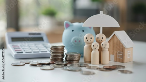 Piggy bank with wooden family figures coins and small house for financial planning