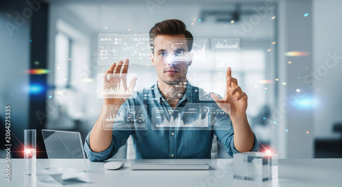 Young professional interacting with digital data interface