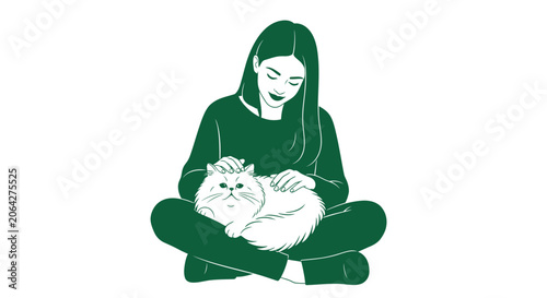Smiling woman petting fluffy cat sitting cross-legged minimalist illustration