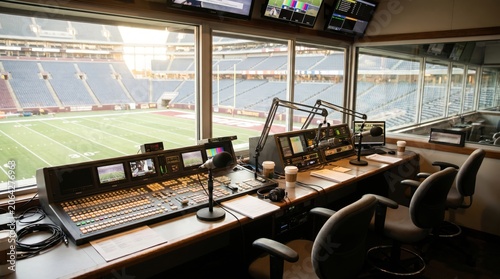 Sports broadcast booth interior view.