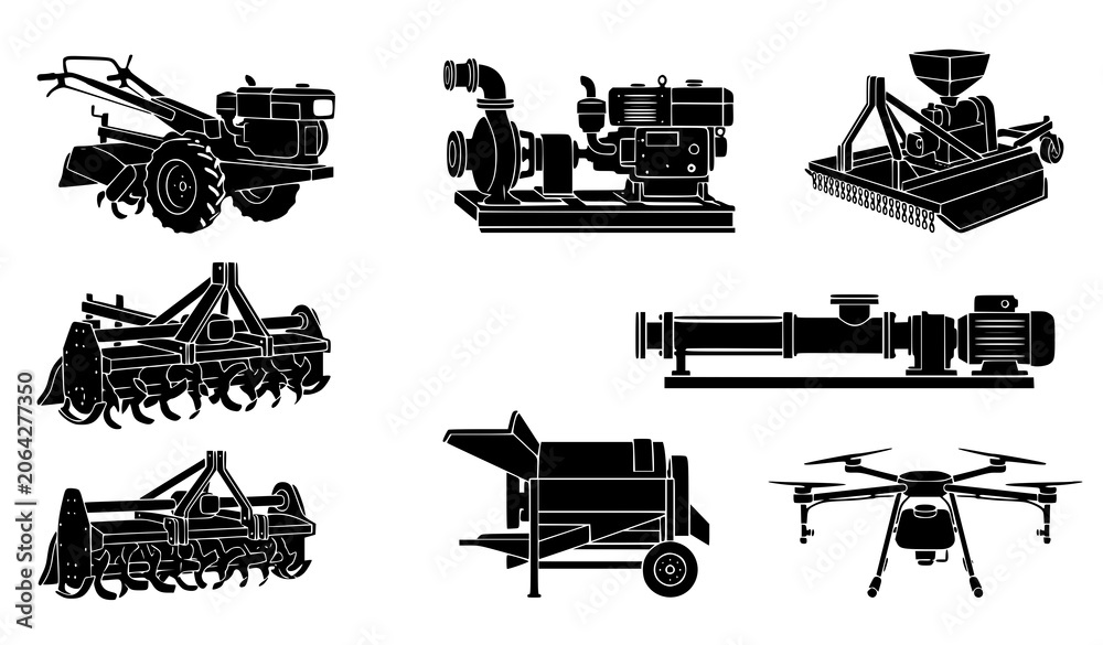 Obraz premium Agriculture Machine Silhouette Vector Set With Power Tiller Rice Mill And Pump Icons
