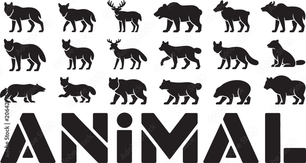 Fototapeta premium Various animal silhouettes displayed in rows with the word ANIMAL.