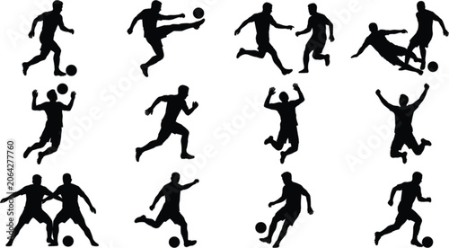 Tableau sur toile Soccer Players Silhouette Set Featuring Solo and Paired Action Poses Including T