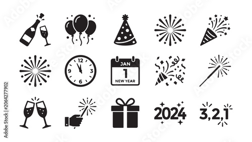 Obraz na plátně Collection of New Year's Eve Celebration Icons with Champagne, Fireworks, and 20