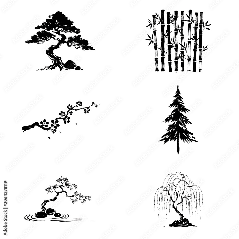 Obraz premium Collection of various bonsai tree and bamboo illustrations in black isolated on transparent background