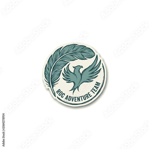 Adventure Team Badge Featuring A Circular Teal Background, Feather Crest And Soaring Phoenix Silhouette, Retro Outdoor Branding Design Vector Illustration
