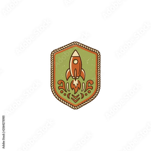 Retro Rocket Ship Shield Patch With Ornamental Flourishes Rope Border And Orange Flame Exhaust On Olive Green Vintage Emblem Background Vector Illustration