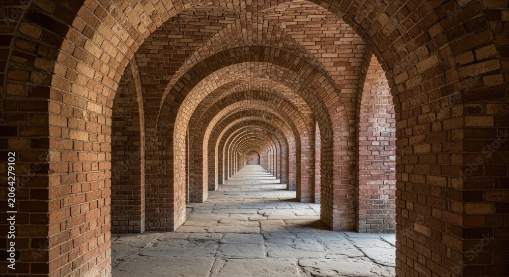 Obraz premium A long brick corridor stretches into the distance, formed by a series of arched brick walls. The corridor is paved with stone slabs.