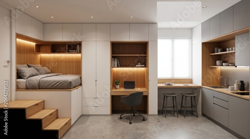 Compact micro space with built in storage and layered lighting interior
