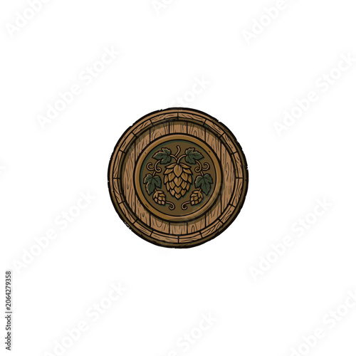 Top View Of A Wooden Barrel Cap Featuring A Central Medallion With Golden Hop Cone Leaves And Decorative Brewery Emblem, Ideal For Craft Beer Branding Vector Illustration