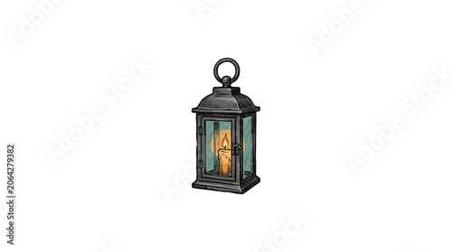 Rustic Black Metal Lantern With Glowing Candle Flame, Glass Panels And Decorative Ring Top Handle Vector Illustration