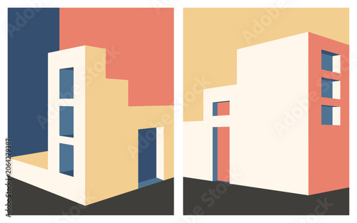 Colorful building 3d shapes. Abstract retro colors geometric architecture backgrounds