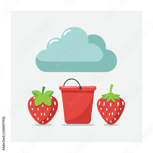 Flat design illustration of strawberries and bucket with cloud