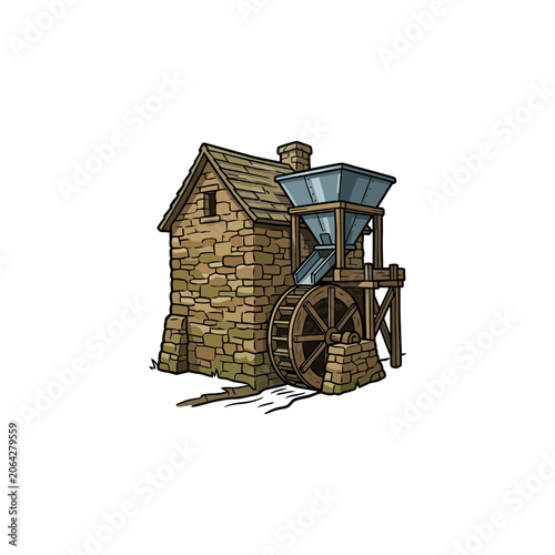 Historic Stone Watermill Featuring A Wooden Paddle Wheel And A Galvanized Grain Hopper On A Sloped Rooftop, Detailed Architectural Element Vector Illustration