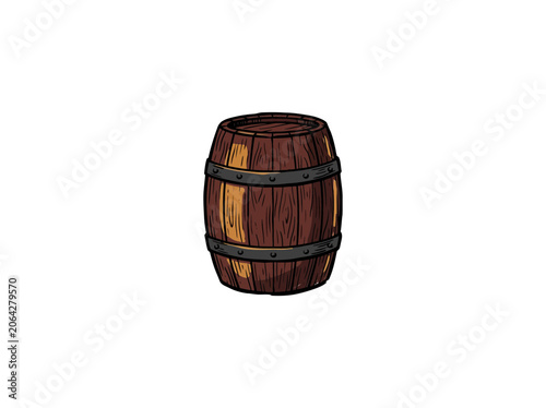 Rustic Cartoon Wooden Barrel With Dark Metal Bands, Aged Wood Grain And Traditional Brewing Cask Details, Suitable For Craft Beverage Branding Vector Illustration