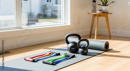 A person is setting up a home workout space. They have placed two kettlebells and a resistance band set on a gray exercise mat.