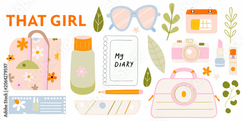 Collection Of Illustrated Personal Items With Pastel Colors