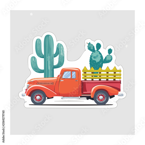 Vintage Red Truck with Cactus in Flat Design
