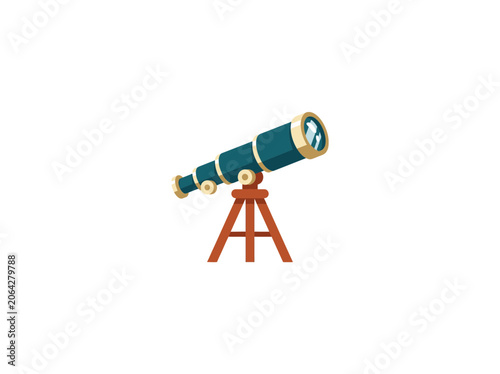 Classic Teal Telescope With Gold Trim And Large Objective Lens Mounted On A Wooden Tripod Stand, Angled Upward For Stargazing Vector Illustration