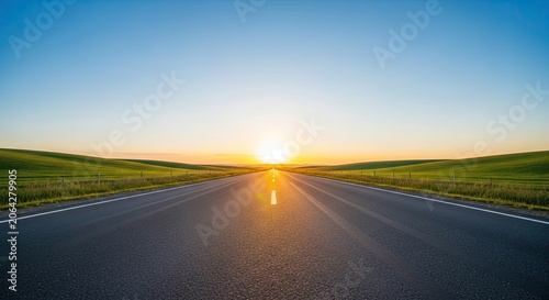 A long asphalt road stretches into the distance, leading towards a vibrant sunrise. The road is flanked by green fields and a low fence.