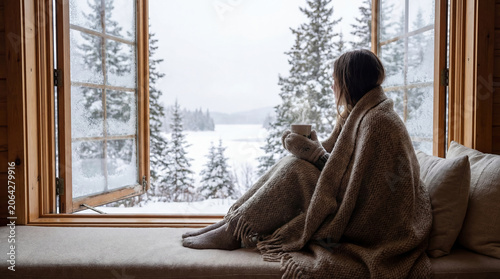 Woman wrapped in a warm blanket looking out of a frosted wooden window