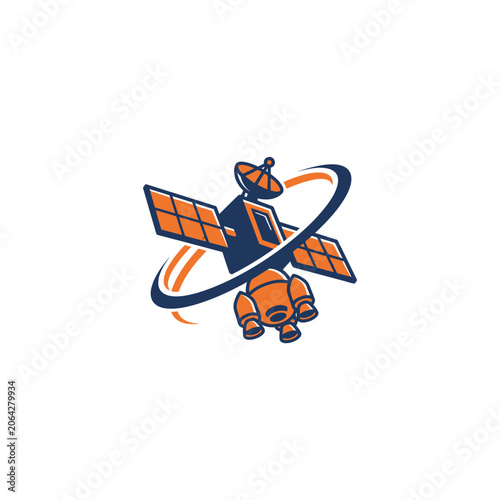 Space Satellite Emblem Featuring Solar Panels, Antenna Dish, And Orbiting Rocket Against Navy And Orange Background Vector Illustration