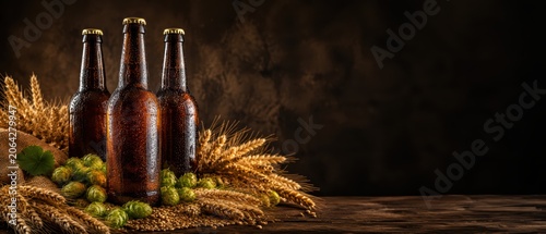 Craft beer bottles nestled among fresh hops and barley on a weathered wooden table showcasing bubbles and condensation