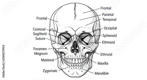 Foto Human skull anatomy diagram with front view bone labels