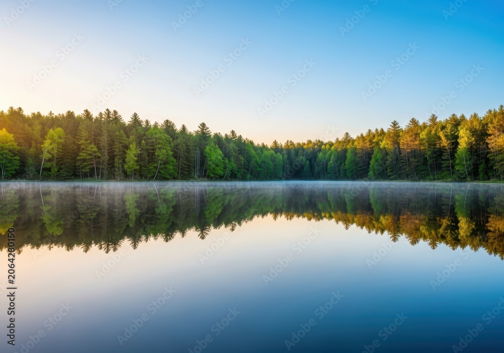 Obraz premium Peaceful morning view of a pristine, still lake reflecting the sky and surrounding dense forest perfectly. The water is glassy, quiet, mirror, tranquil