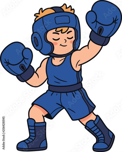 Cute Young Boxer in Blue Boxing Gear Ready for Match Cartoon Illustration.
