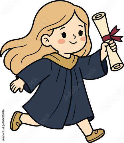 Cute Young Female Graduate Running with Diploma Scroll Cartoon Illustration.