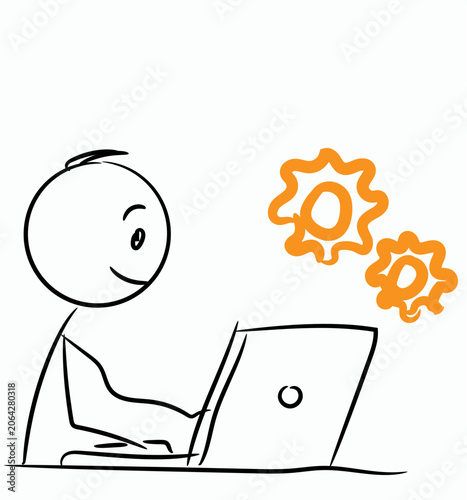 Stick figure cartoon character working on laptop with orange gears, concept of DevOps, software development, technical settings, and process automation